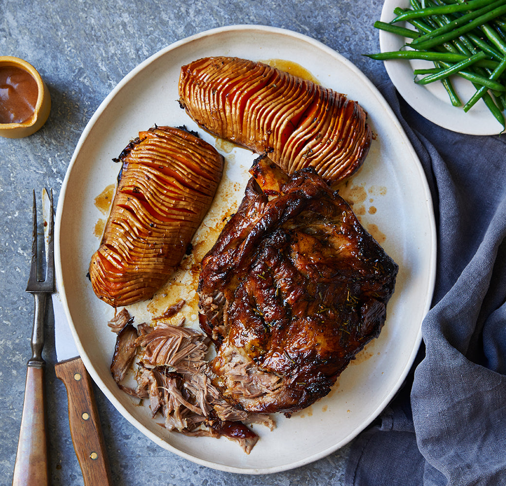 Slow Roasted Lamb Shoulder with Hasselback Squash & Balsamic Honey But