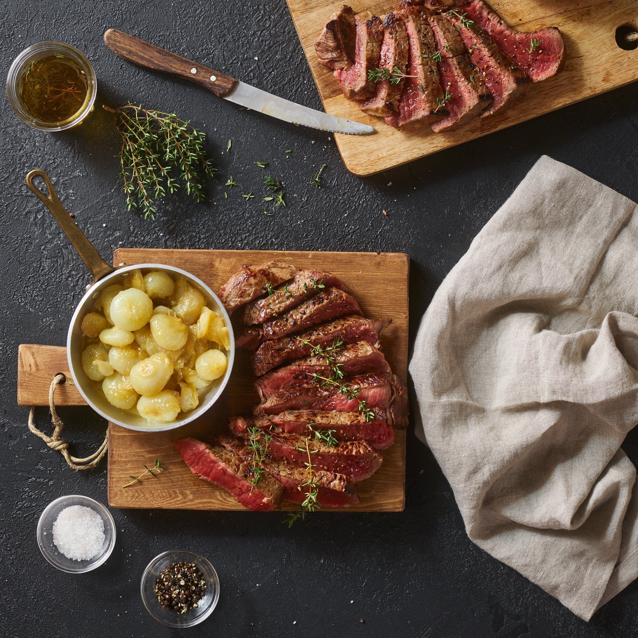 Thyme beef tagliata with sweet and sour Borettane onions